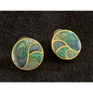 Vintage Blue Green Swirl Enamel Gold Tone Disc Earrings 1" Pierced